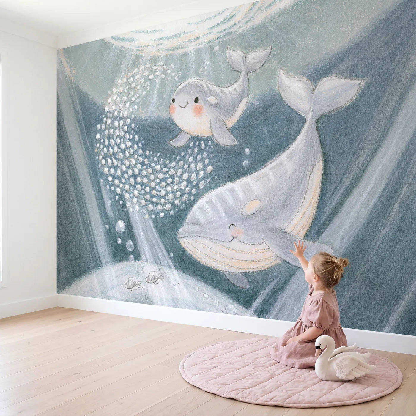 Child in nursery with The Loop-the-Loop Lesson Wallpaper Mural by Whimsy Tots