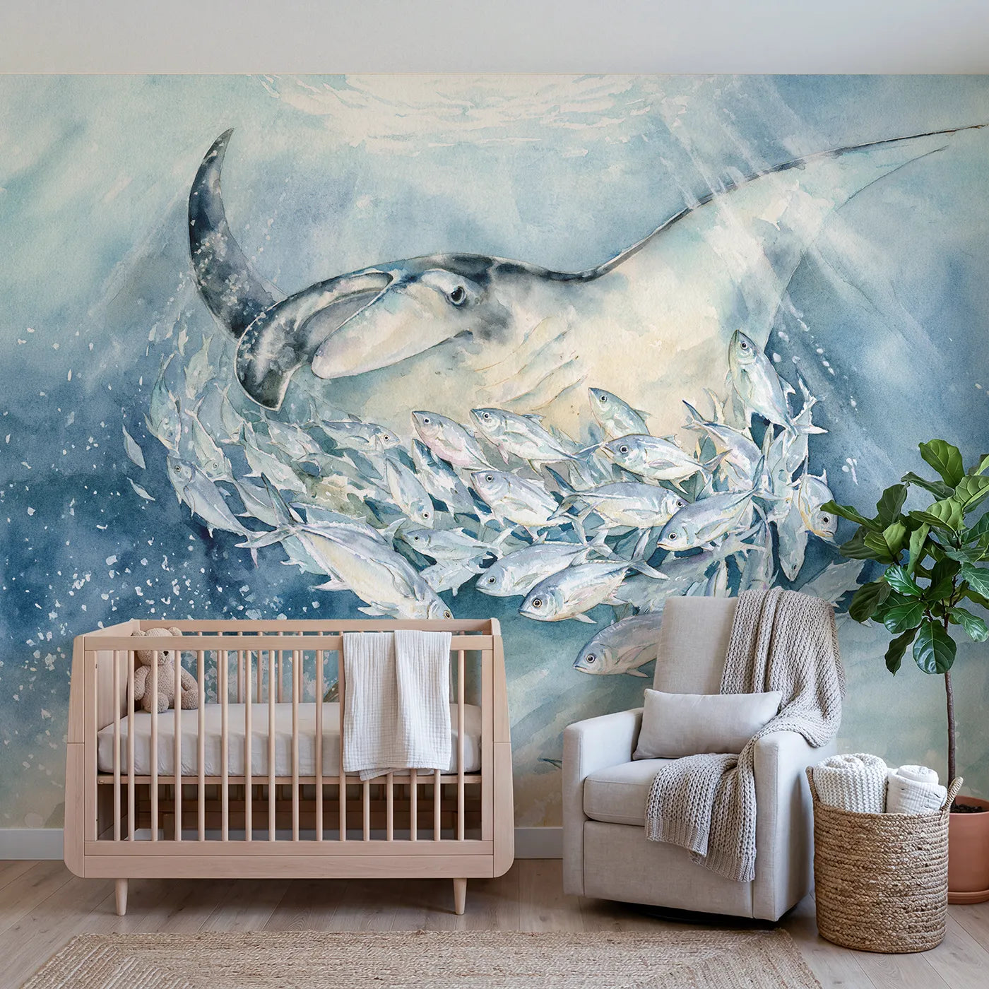 Watercolor manta ray sheltering small silver fish, wall mural for a rented bedroom by Whimsy Tots