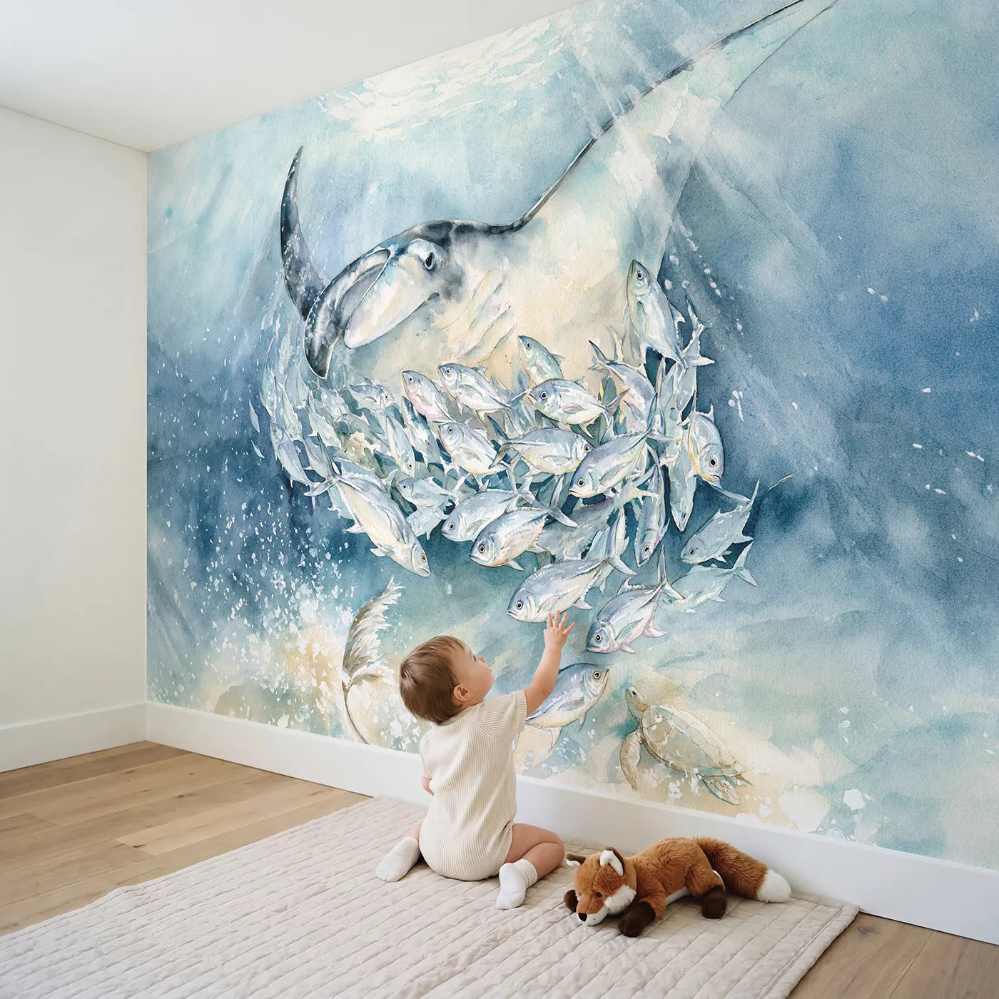 Child in nursery with Shelter Under the Manta Wallpaper Mural by Whimsy Tots