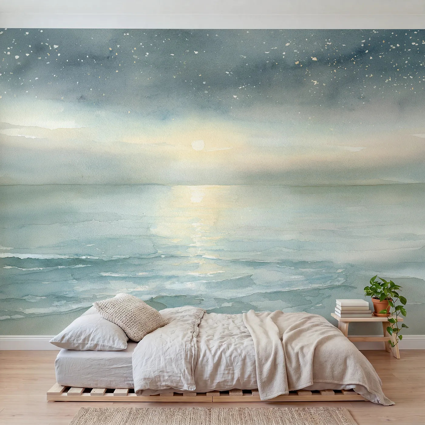 Watercolor wall mural of a calm moonlit ocean lull by Whimsy Tots