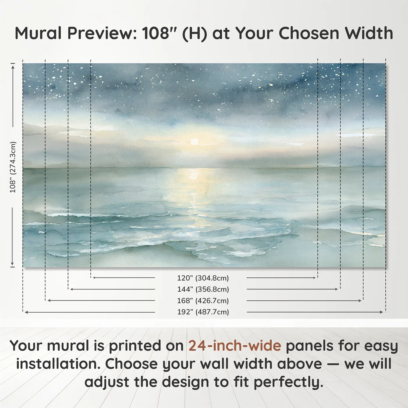 Panel layout and dimensions for Moonlit Ocean Lull Wallpaper Mural by Whimsy Tots