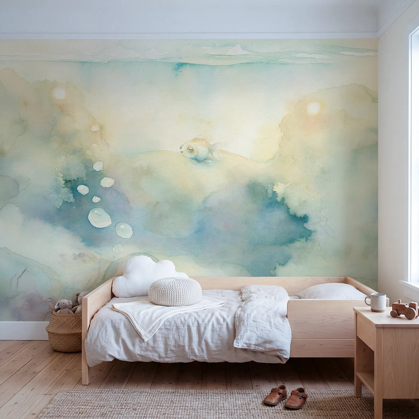Watercolor wall mural of a sleepy sea drift by Whimsy Tots