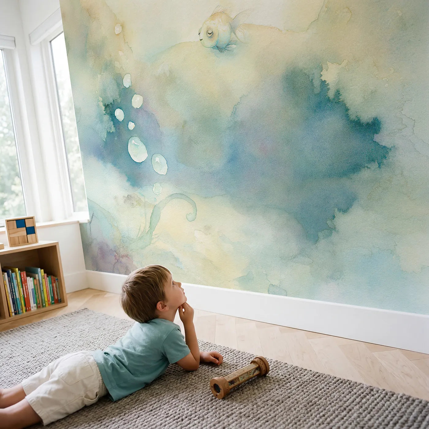 Child in nursery with Sleepy Sea Drift Wallpaper Mural by Whimsy Tots
