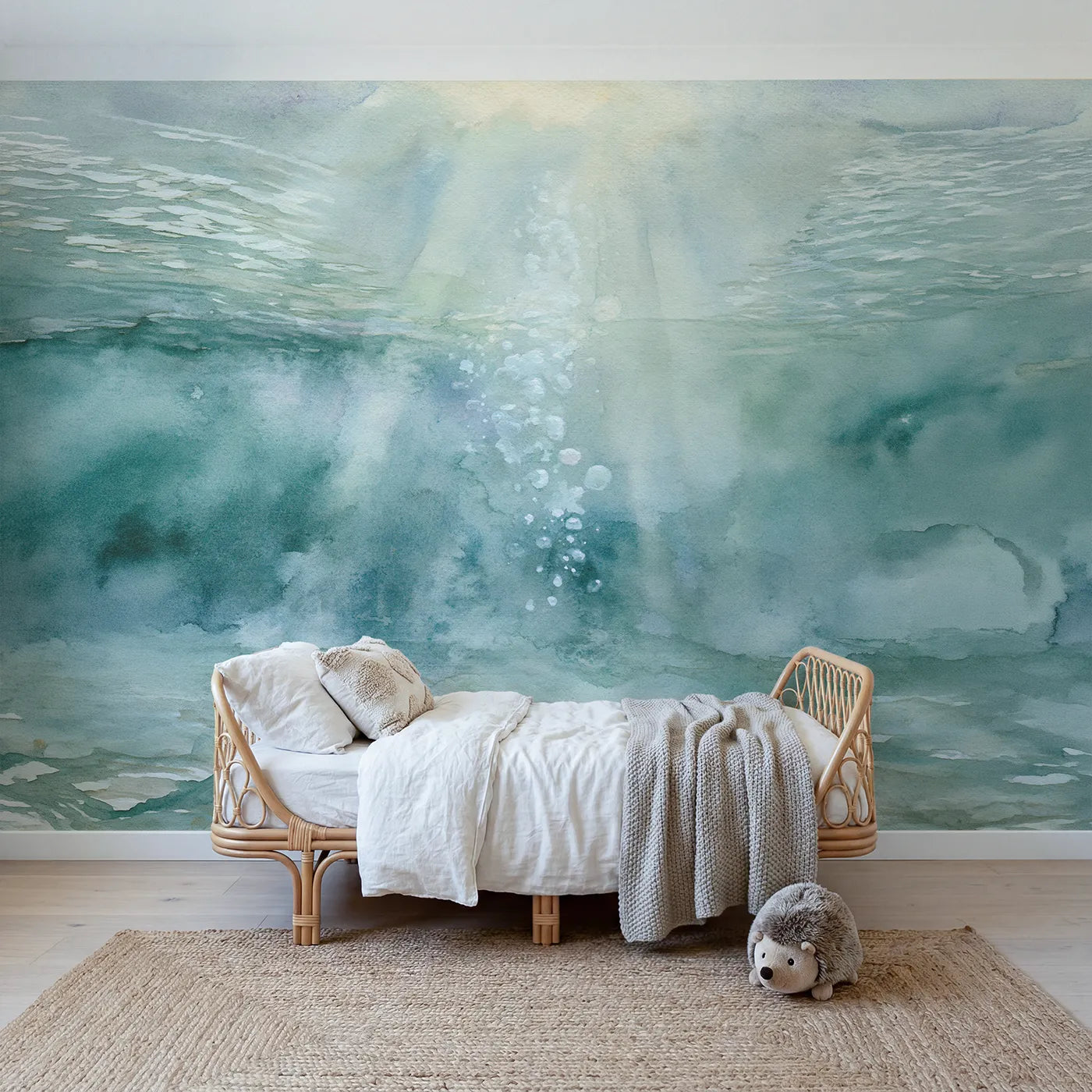 Watercolor wall mural of a gentle bubble float by Whimsy Tots