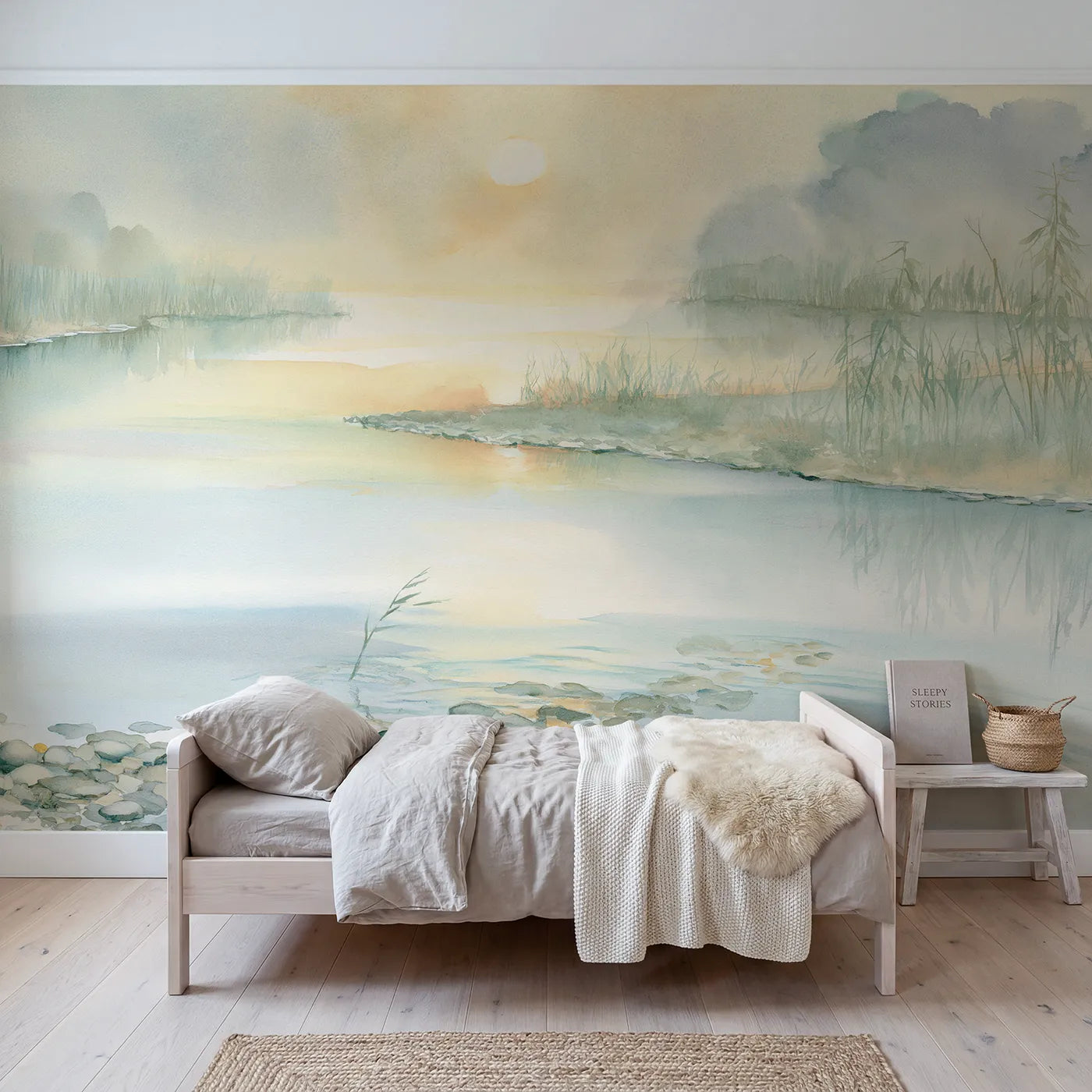 Watercolor wall mural of a calm dawn lagoon by Whimsy Tots