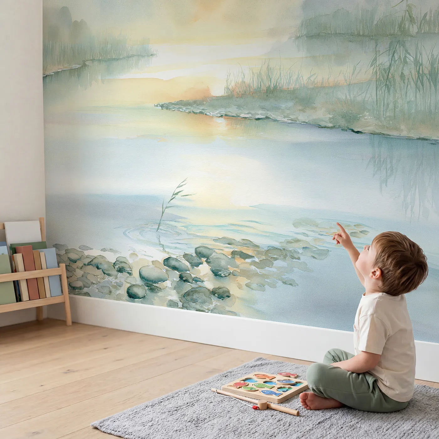 Child in nursery with Dawn Lagoon Calm Wallpaper Mural by Whimsy Tots