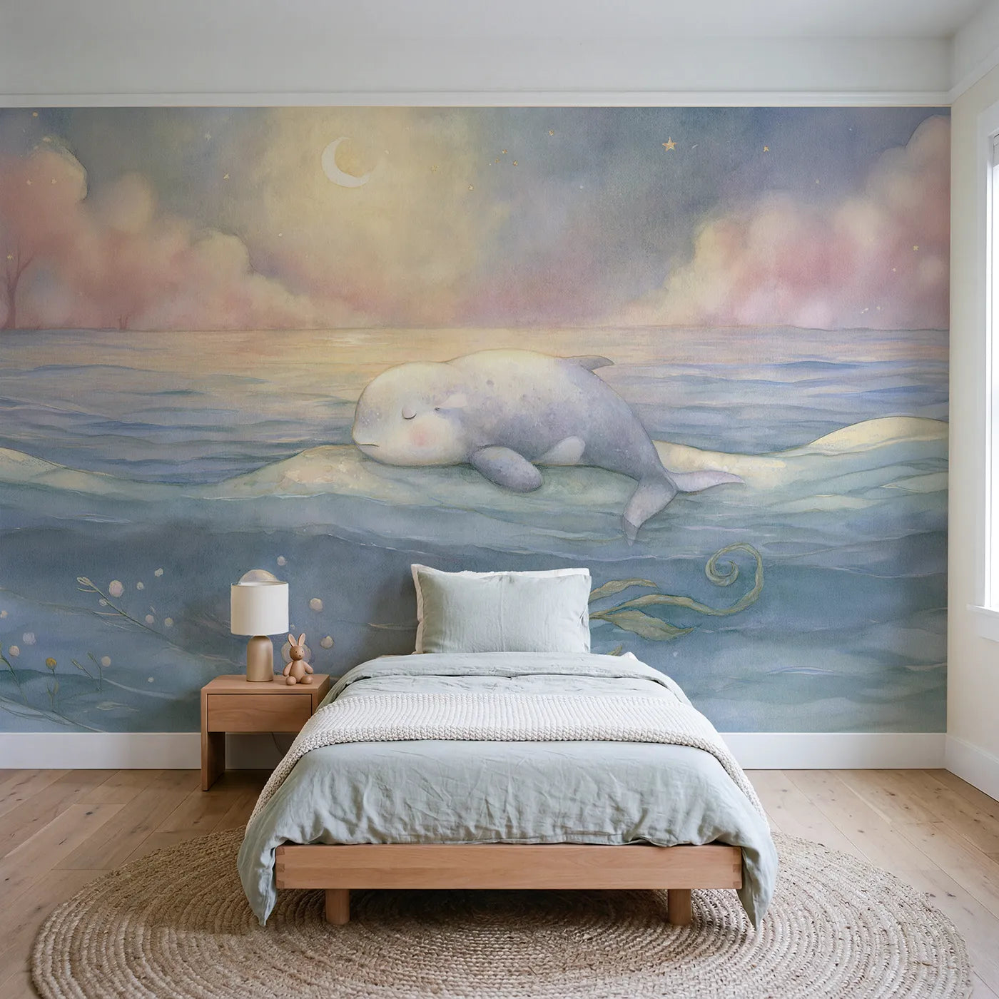 Storybook wall mural of a goodnight little whale by Whimsy Tots