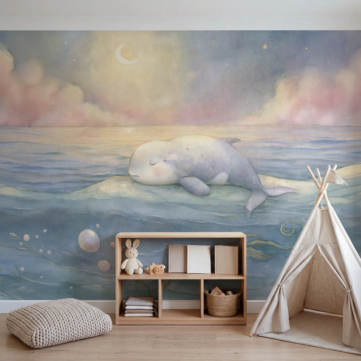 Goodnight Little Whale Wallpaper Mural in playroom setting by Whimsy Tots