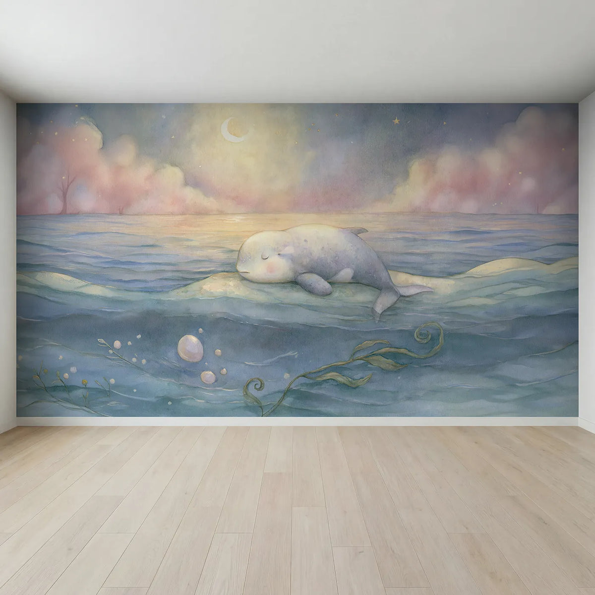 Full view of Goodnight Little Whale Wallpaper Mural by Whimsy Tots