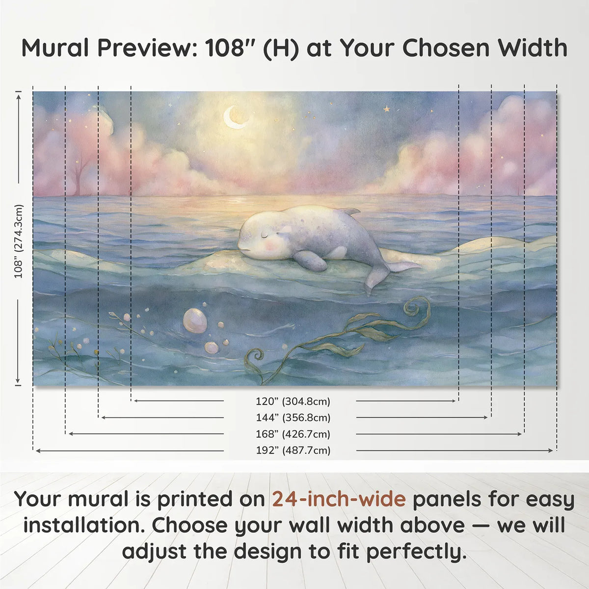 Panel layout and dimensions for Goodnight Little Whale Wallpaper Mural by Whimsy Tots