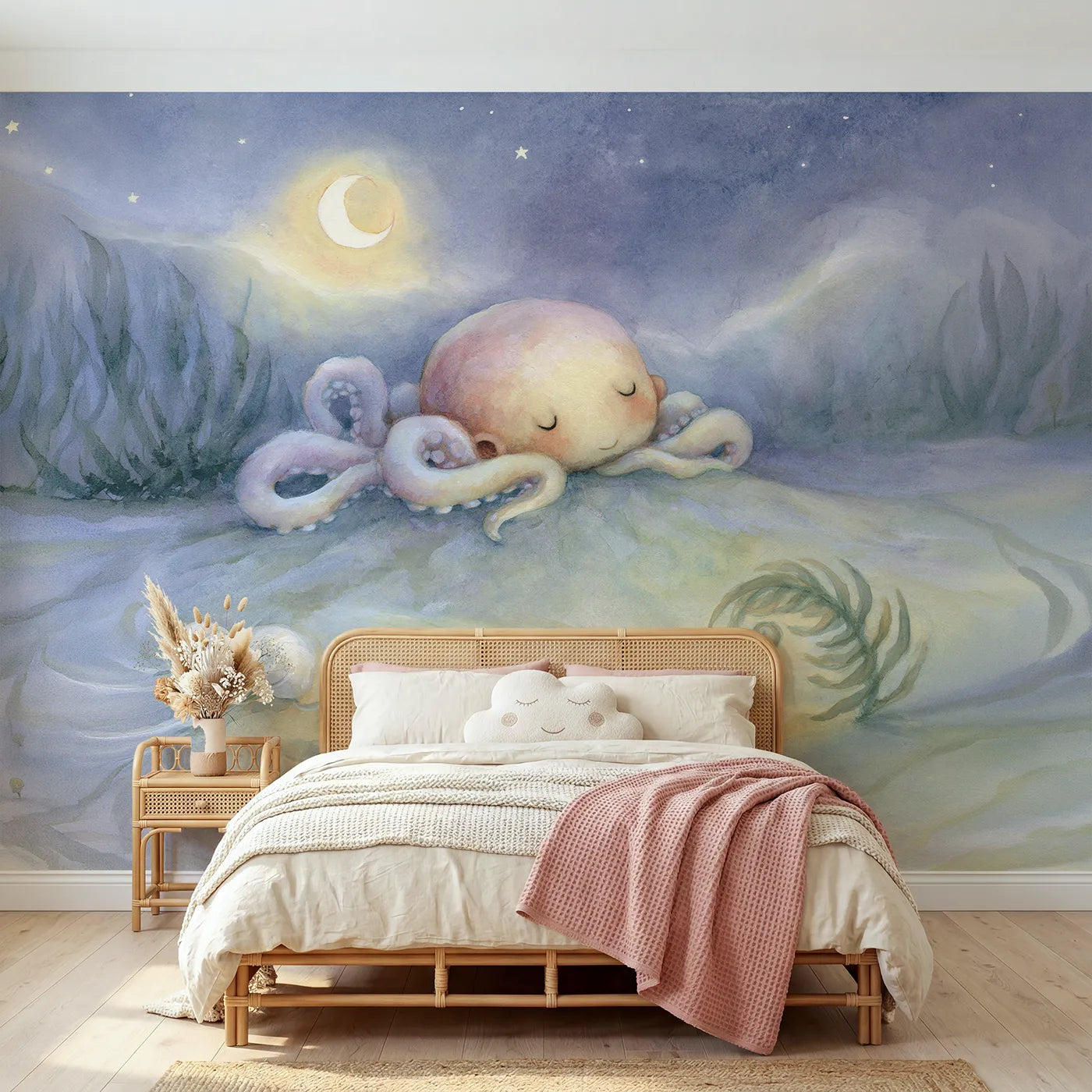Storybook wall mural of a sweet dreams octopus by Whimsy Tots