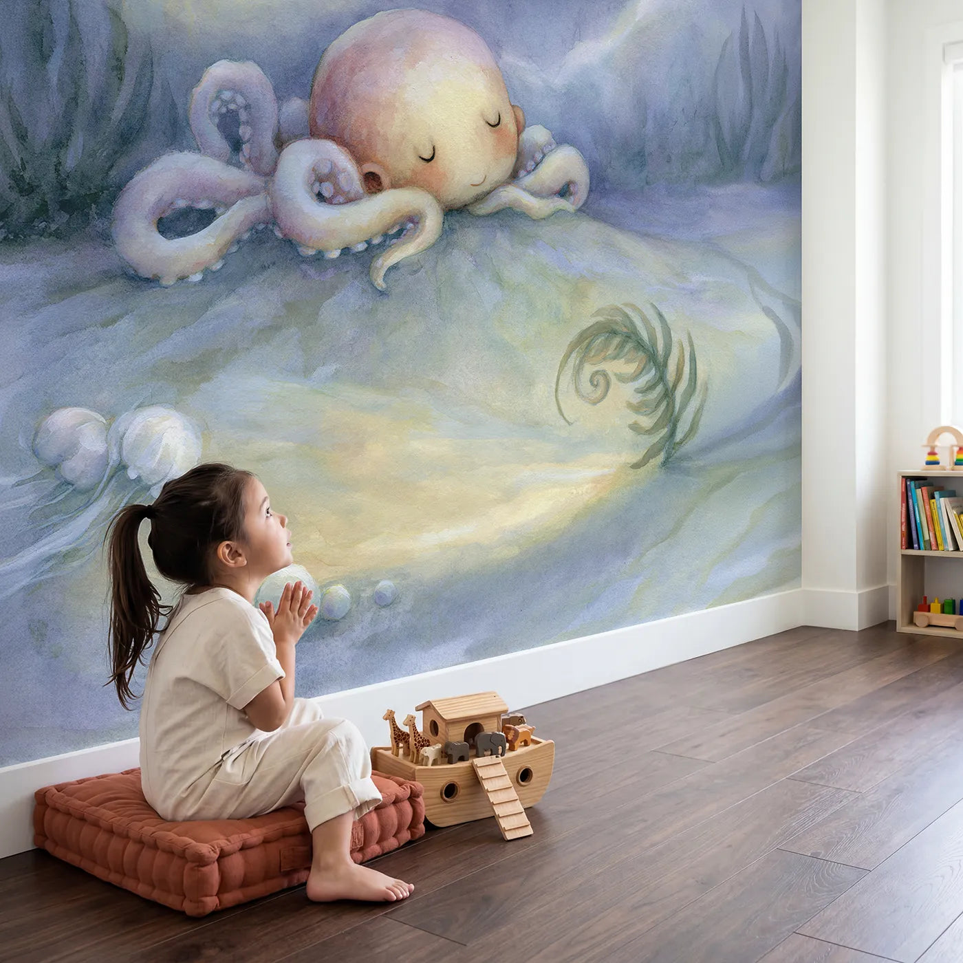 Child in nursery with Sweet Dreams Octopus Wallpaper Mural by Whimsy Tots