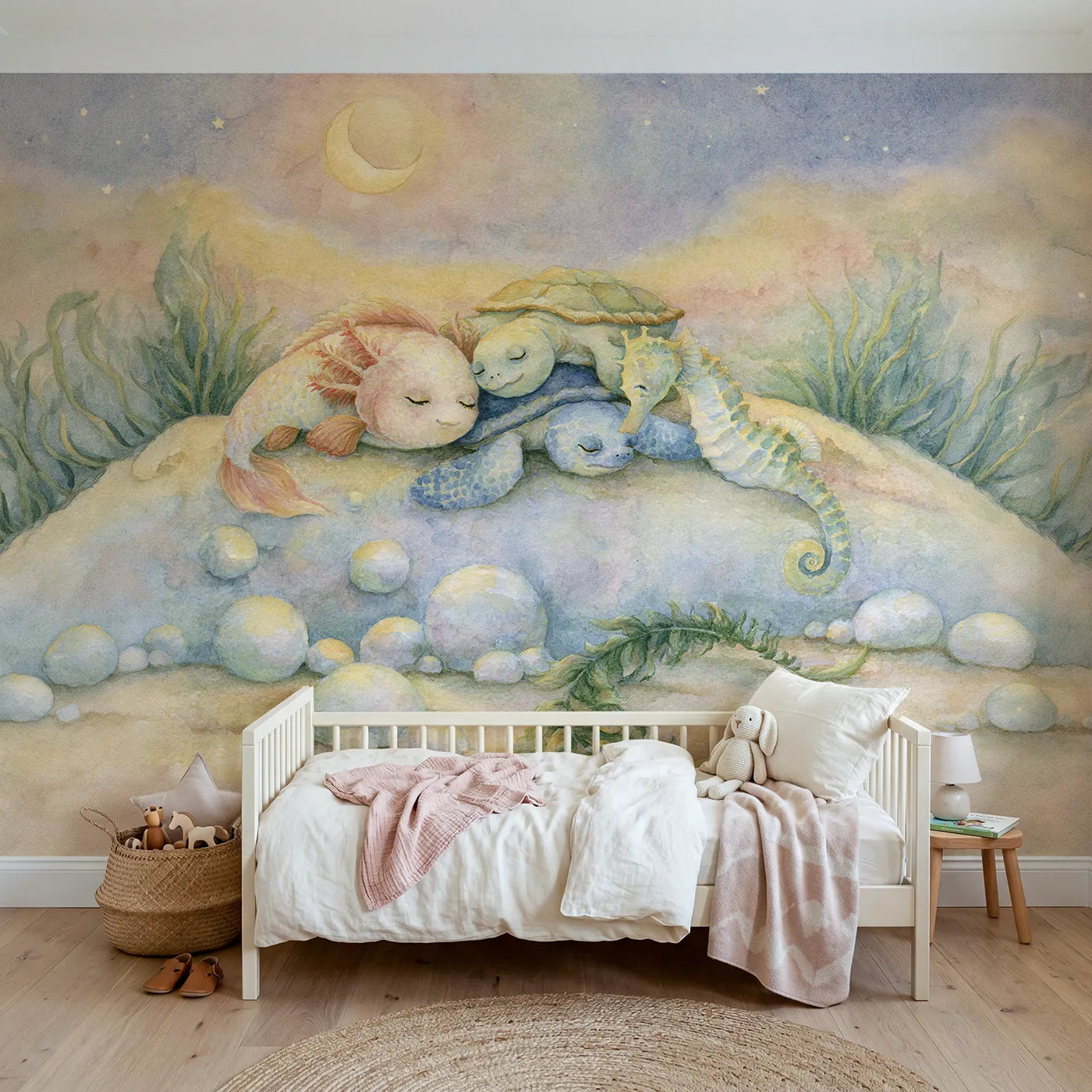Storybook wall mural of bedtime sea friends by Whimsy Tots