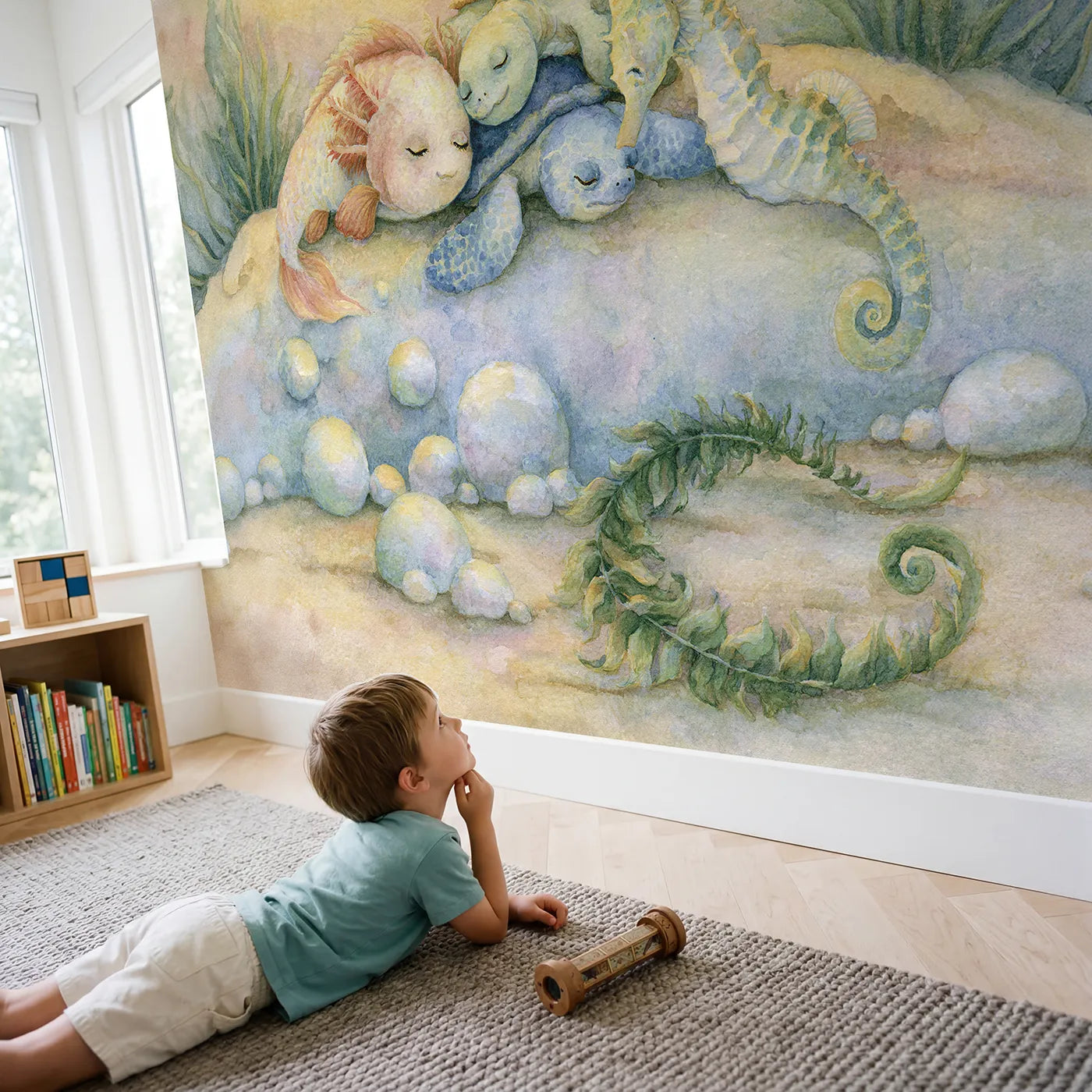 Child in nursery with Bedtime Sea Friends Wallpaper Mural by Whimsy Tots