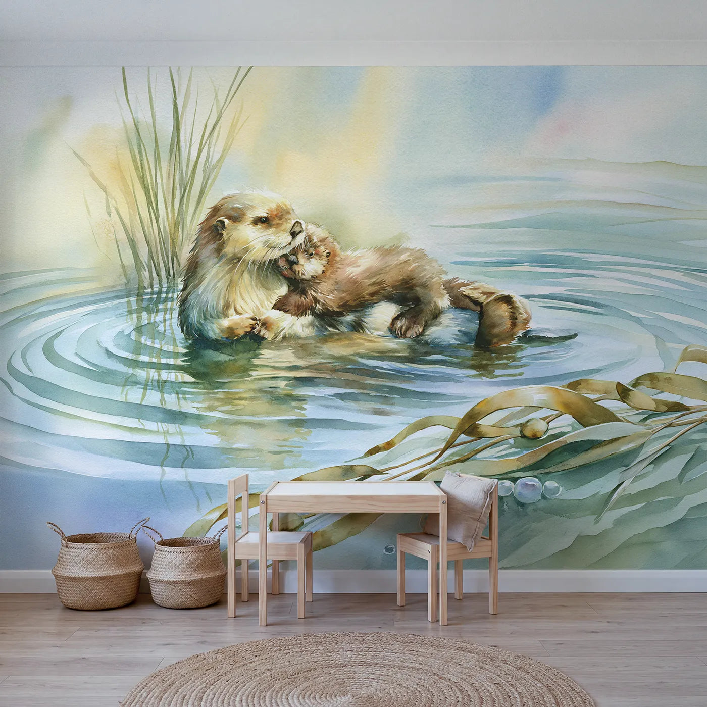 Watercolor wall mural of a mother otter and pup by Whimsy Tots