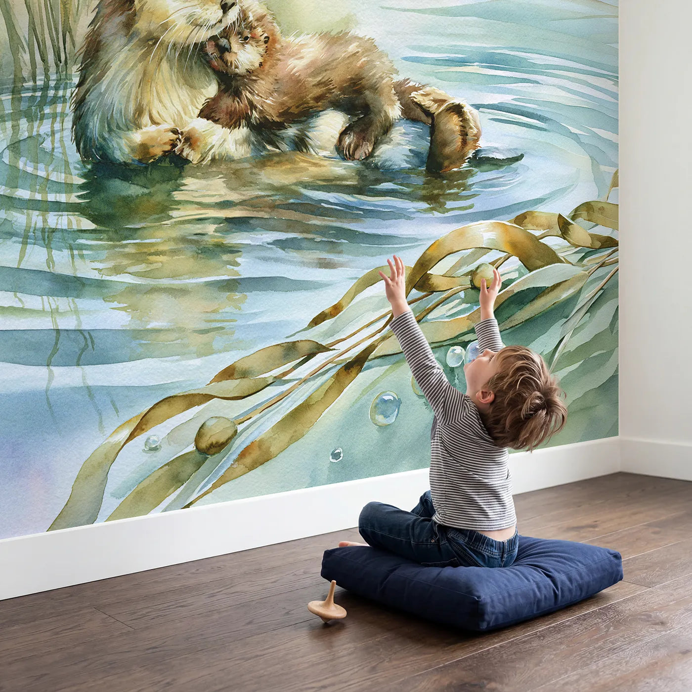 Child in nursery with Mother Otter Pup Wallpaper Mural by Whimsy Tots