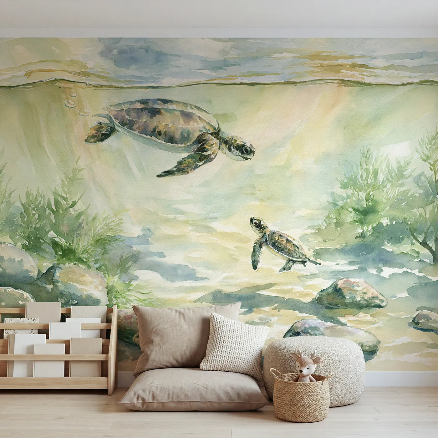 Watercolor wall mural of a mother turtle and hatchling by Whimsy Tots
