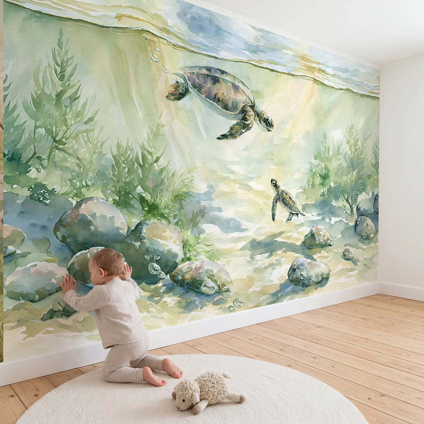 Child in nursery with Mother Turtle Hatchling Wallpaper Mural by Whimsy Tots