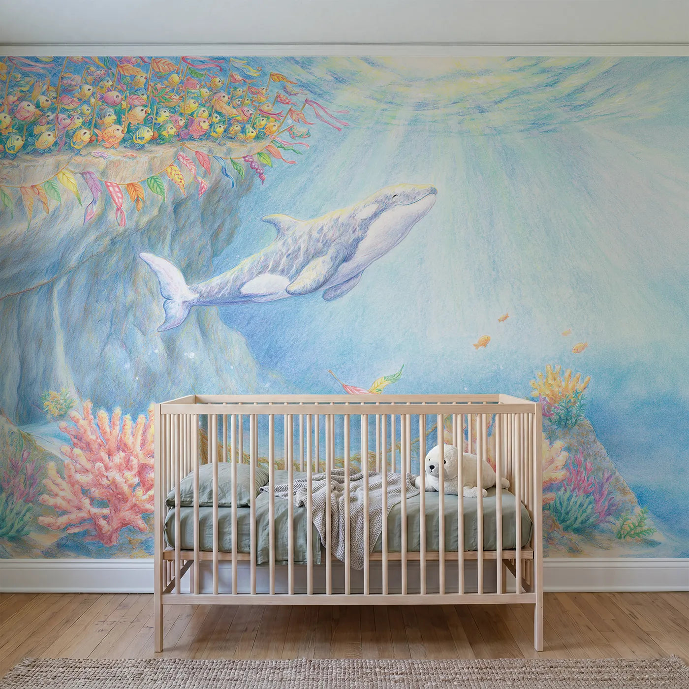 Colored Pencil fish cheering a young whale calf, wall mural for a bedroom by Whimsy Tots