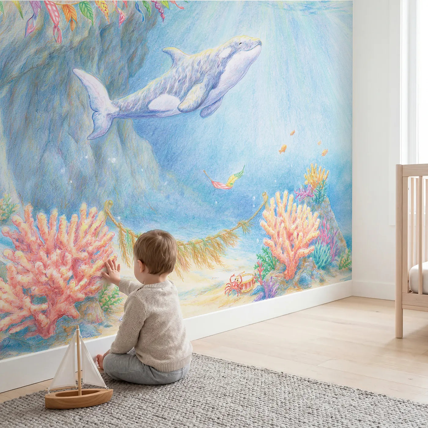 Child in nursery with The Little Whale's Fan Club Wallpaper Mural by Whimsy Tots