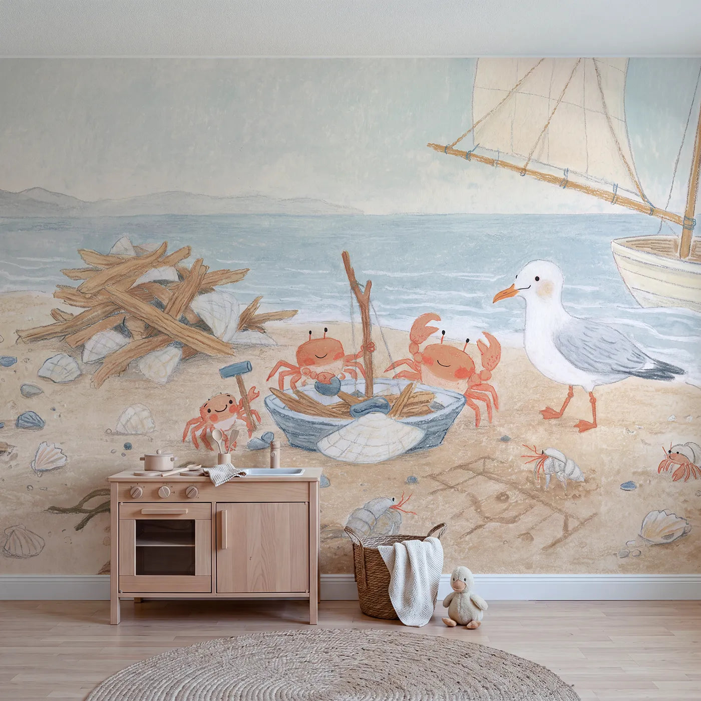 Colored Pencil crabs building a driftwood boat, wall mural for a rented bedroom by Whimsy Tots