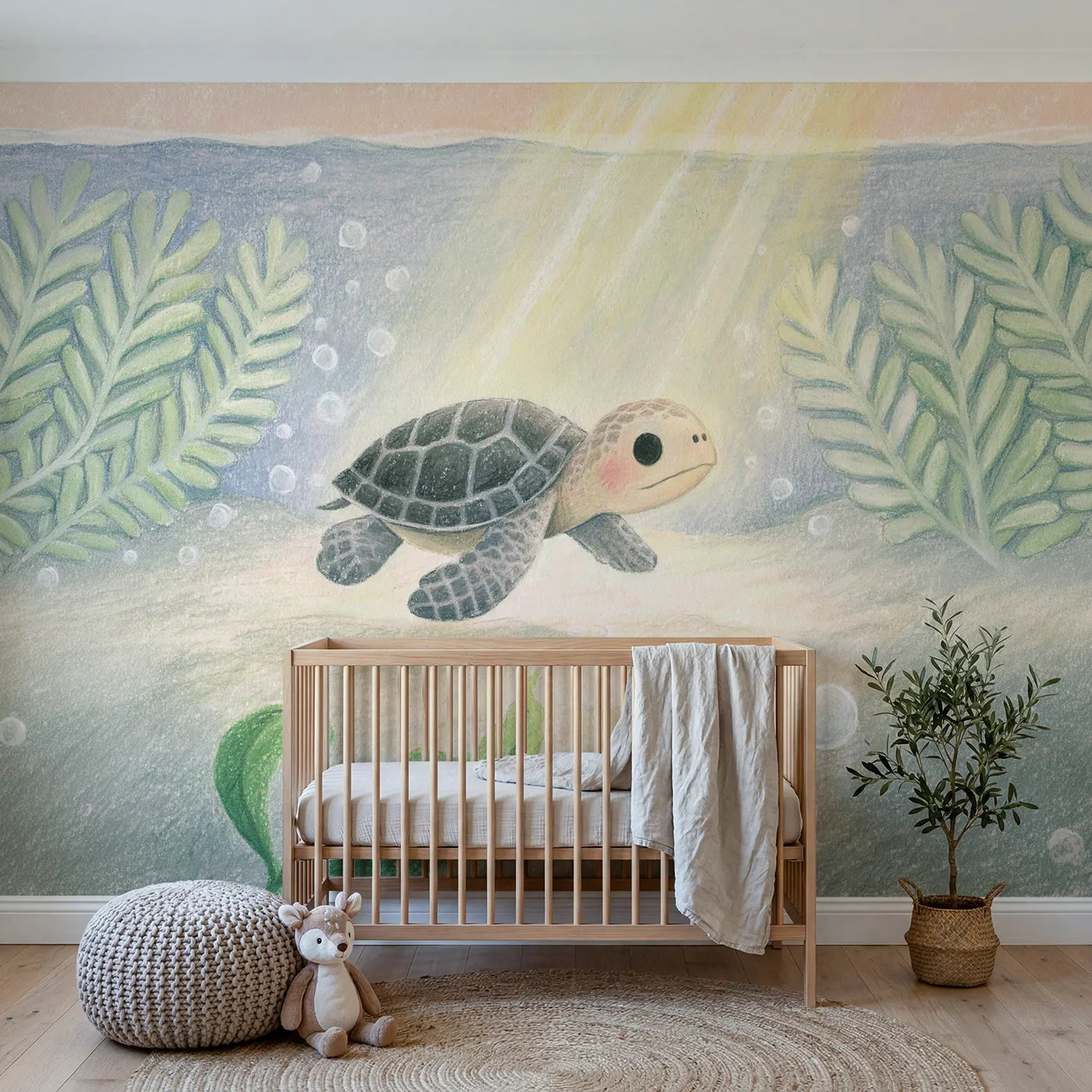 Colored-pencil wall mural of a soft baby sea turtle by Whimsy Tots