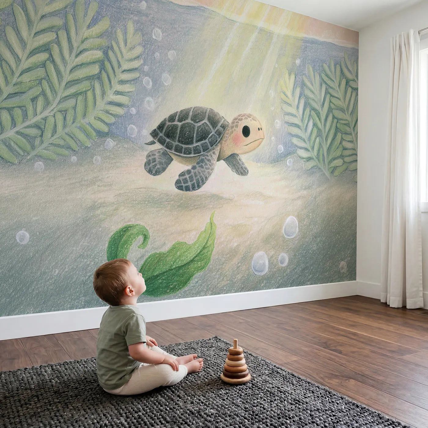Child in nursery with Soft Baby Turtle Wallpaper Mural by Whimsy Tots