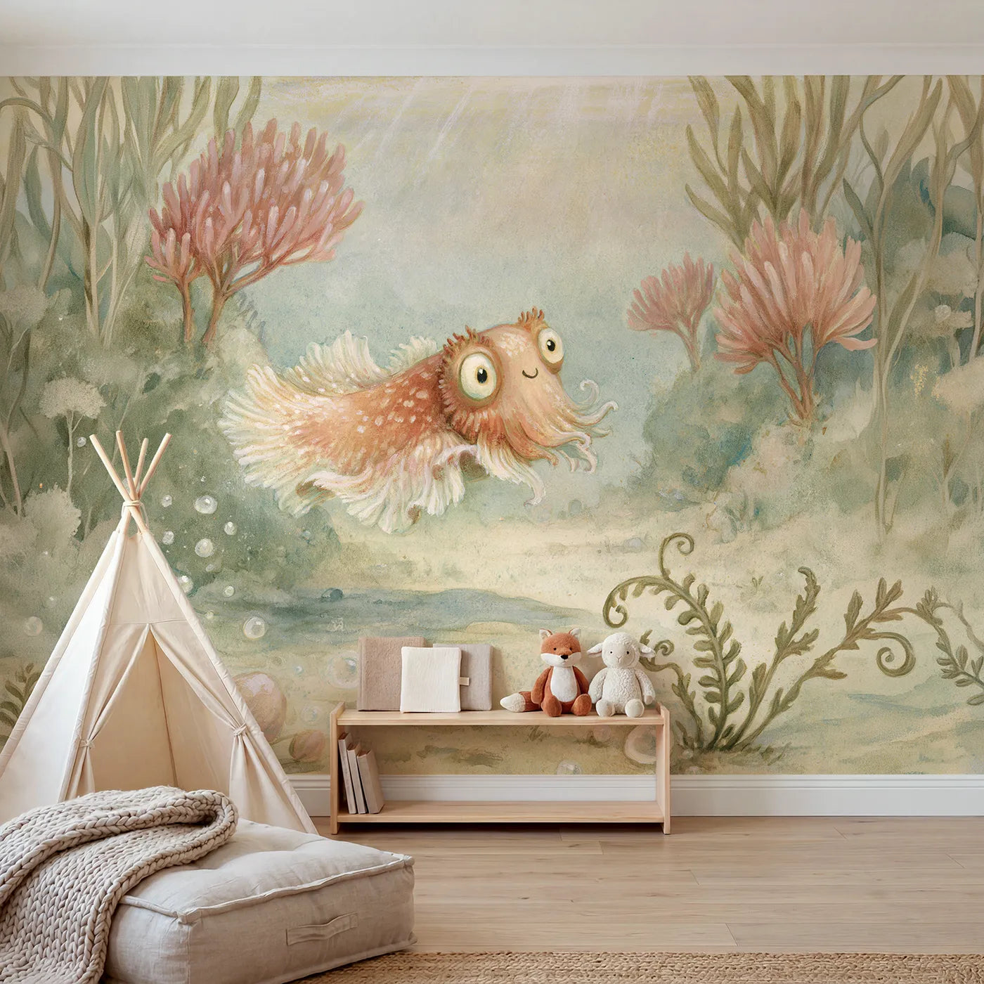 Storybook wall mural of a cheerful cuttlefish by Whimsy Tots