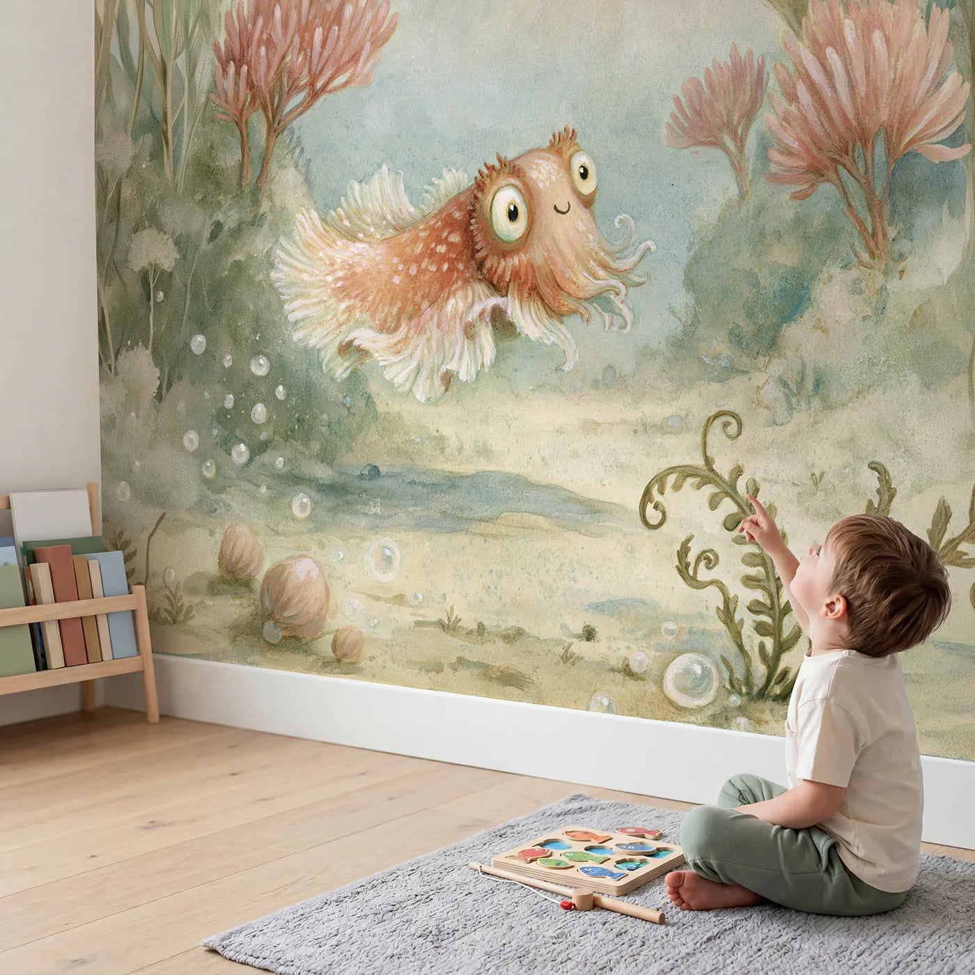 Child in nursery with Cheerful Cuttlefish Wallpaper Mural by Whimsy Tots