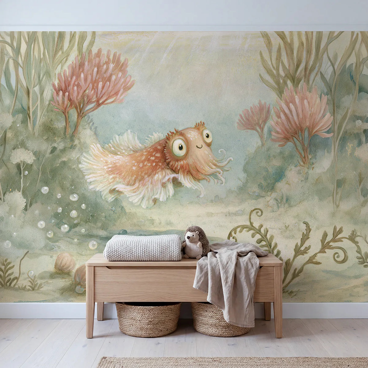 Cheerful Cuttlefish Wallpaper Mural in playroom setting by Whimsy Tots