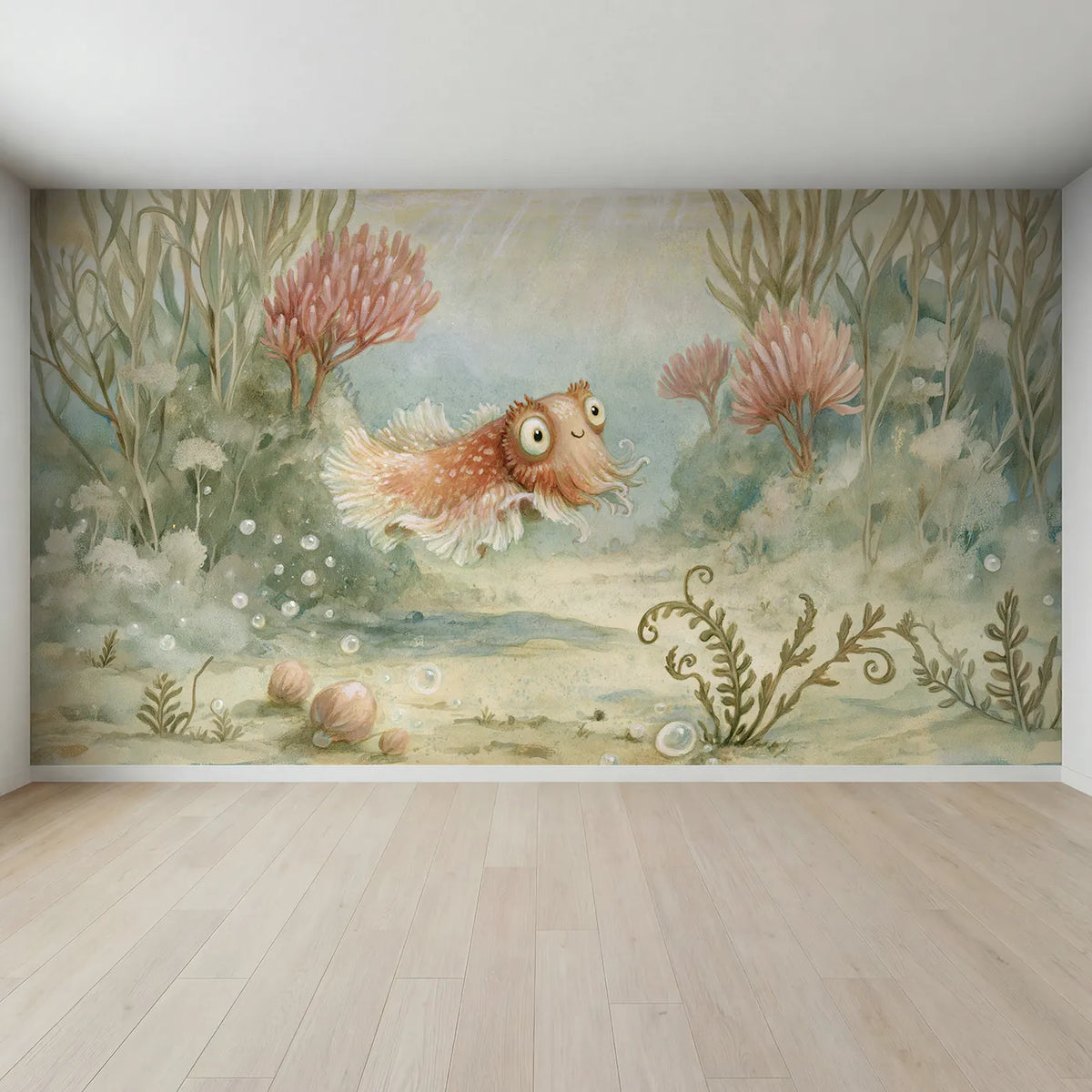 Full view of Cheerful Cuttlefish Wallpaper Mural by Whimsy Tots