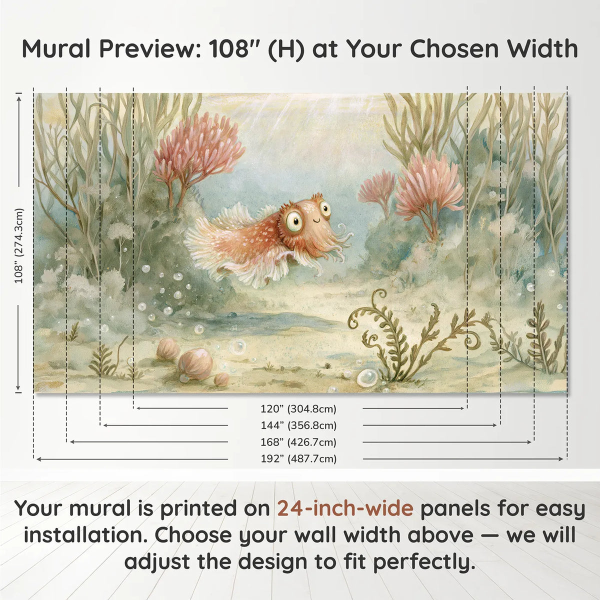 Panel layout and dimensions for Cheerful Cuttlefish Wallpaper Mural by Whimsy Tots