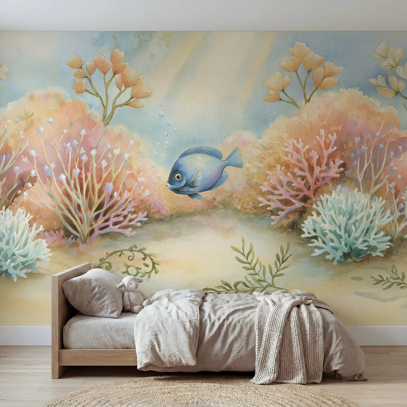 Storybook wall mural of a bright blue tang by Whimsy Tots