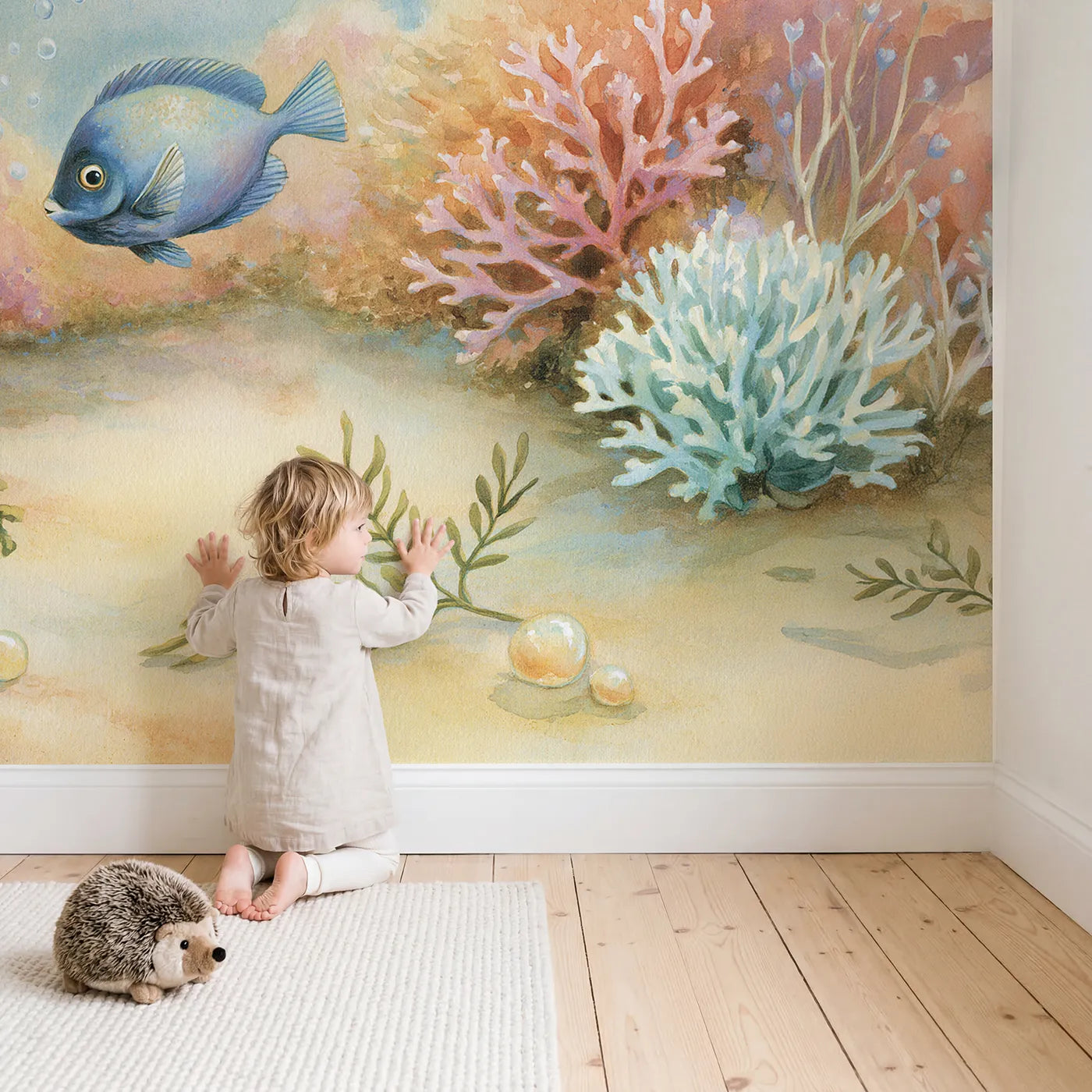 Child in nursery with Bright Blue Tang Wallpaper Mural by Whimsy Tots