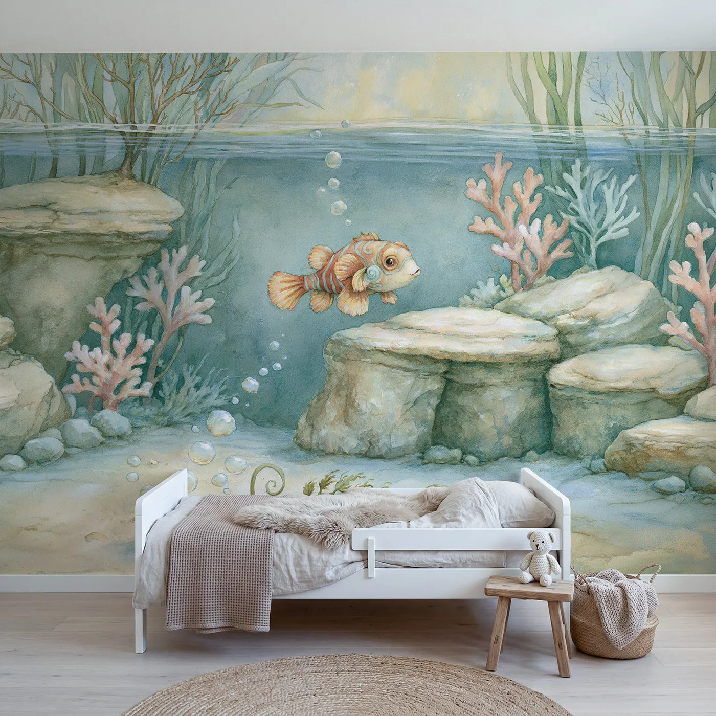 Storybook wall mural of a little mandarin fish by Whimsy Tots