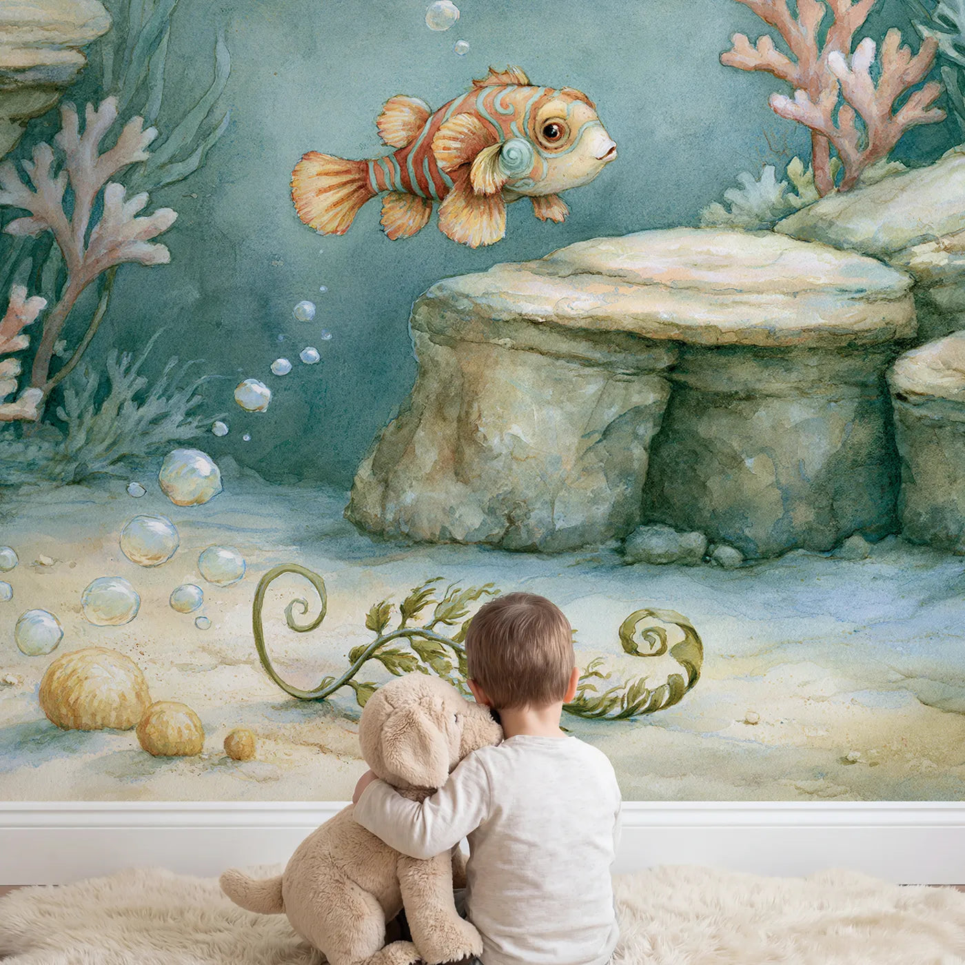 Child in nursery with Little Mandarin Fish Wallpaper Mural by Whimsy Tots