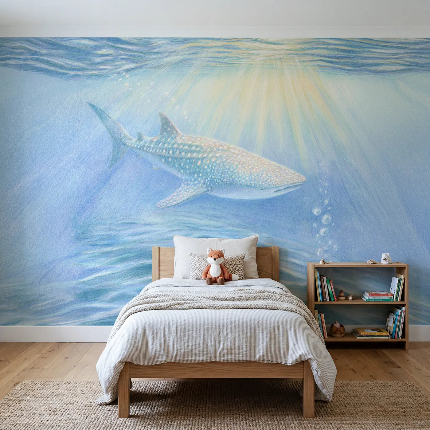 Colored-pencil wall mural of a gentle whale shark by Whimsy Tots