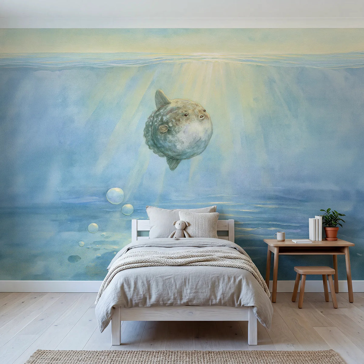 Storybook wall mural of a gentle round sunfish by Whimsy Tots