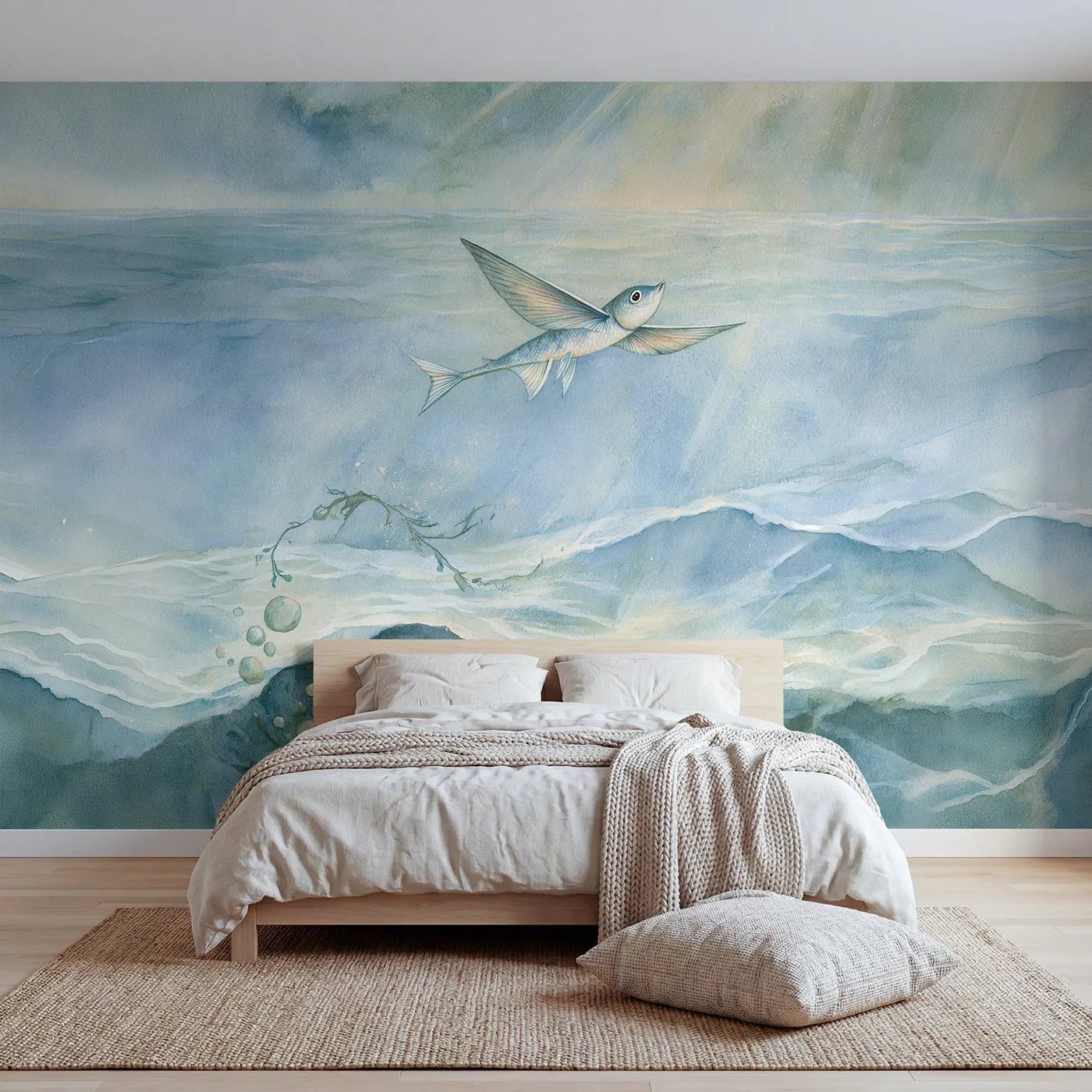 Storybook wall mural of a playful flying fish by Whimsy Tots