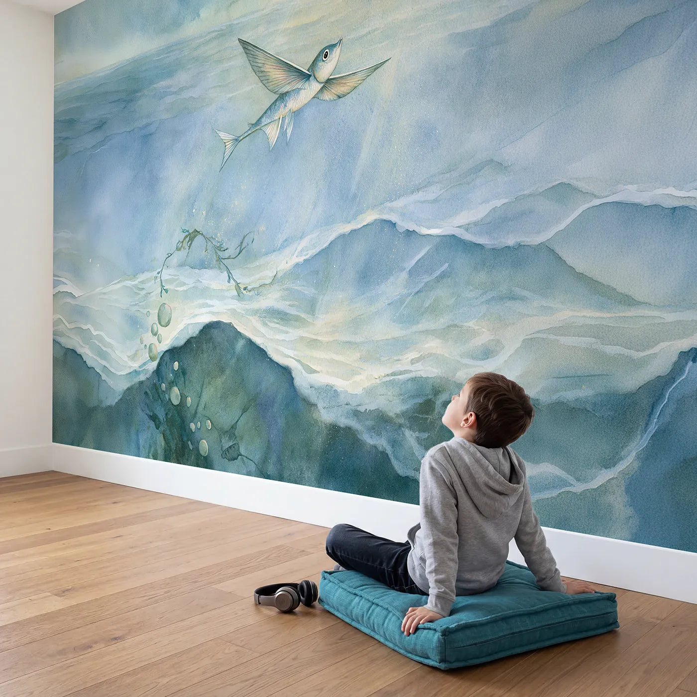 Child in nursery with Playful Flying Fish Wallpaper Mural by Whimsy Tots