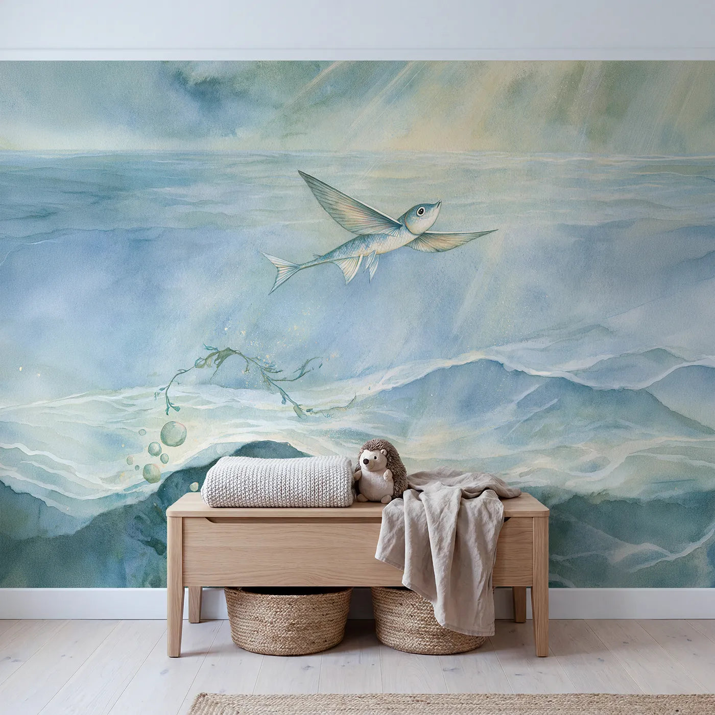 Playful Flying Fish Wallpaper Mural in playroom setting by Whimsy Tots