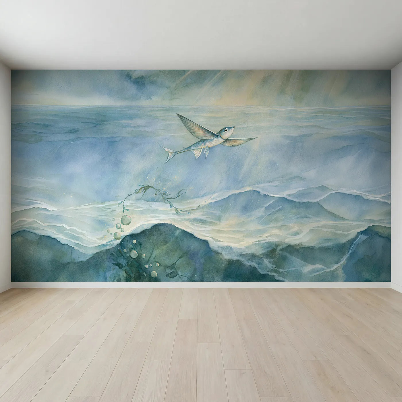 Full view of Playful Flying Fish Wallpaper Mural by Whimsy Tots