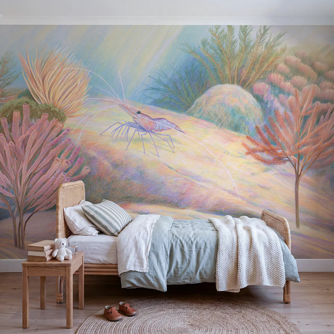 Colored-pencil wall mural of a little cleaner shrimp by Whimsy Tots