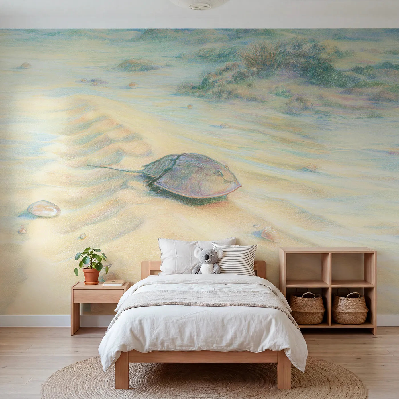 Colored-pencil wall mural of an ancient horseshoe crab by Whimsy Tots