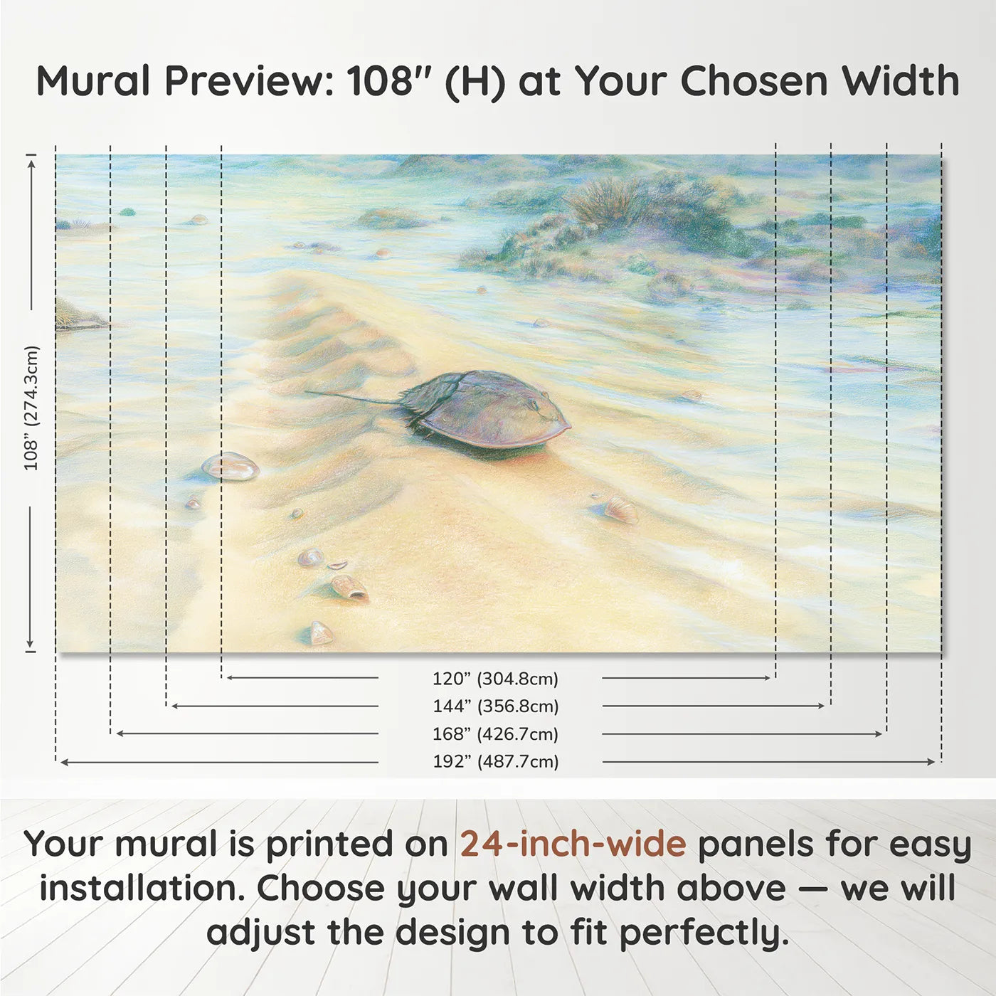 Panel layout and dimensions for Ancient Horseshoe Crab Wallpaper Mural by Whimsy Tots