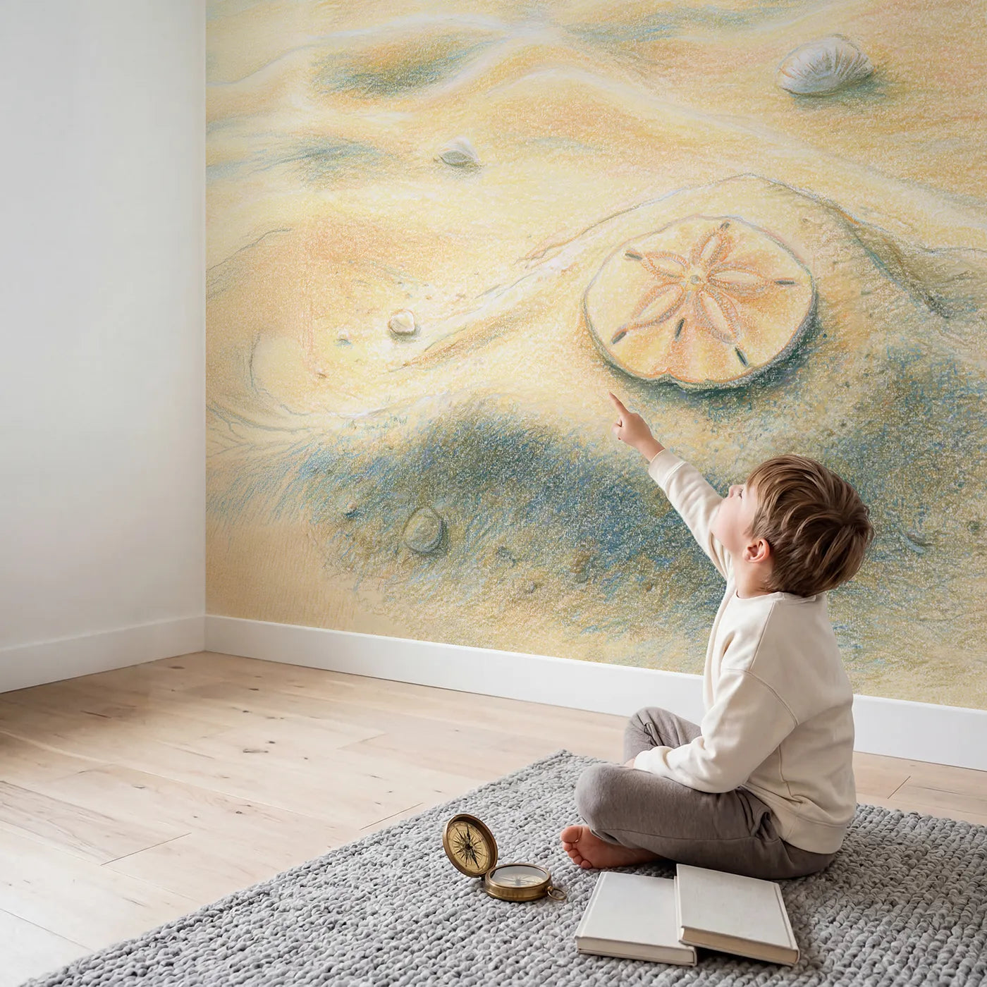 Child in nursery with Pretty Sand Dollar Wallpaper Mural by Whimsy Tots
