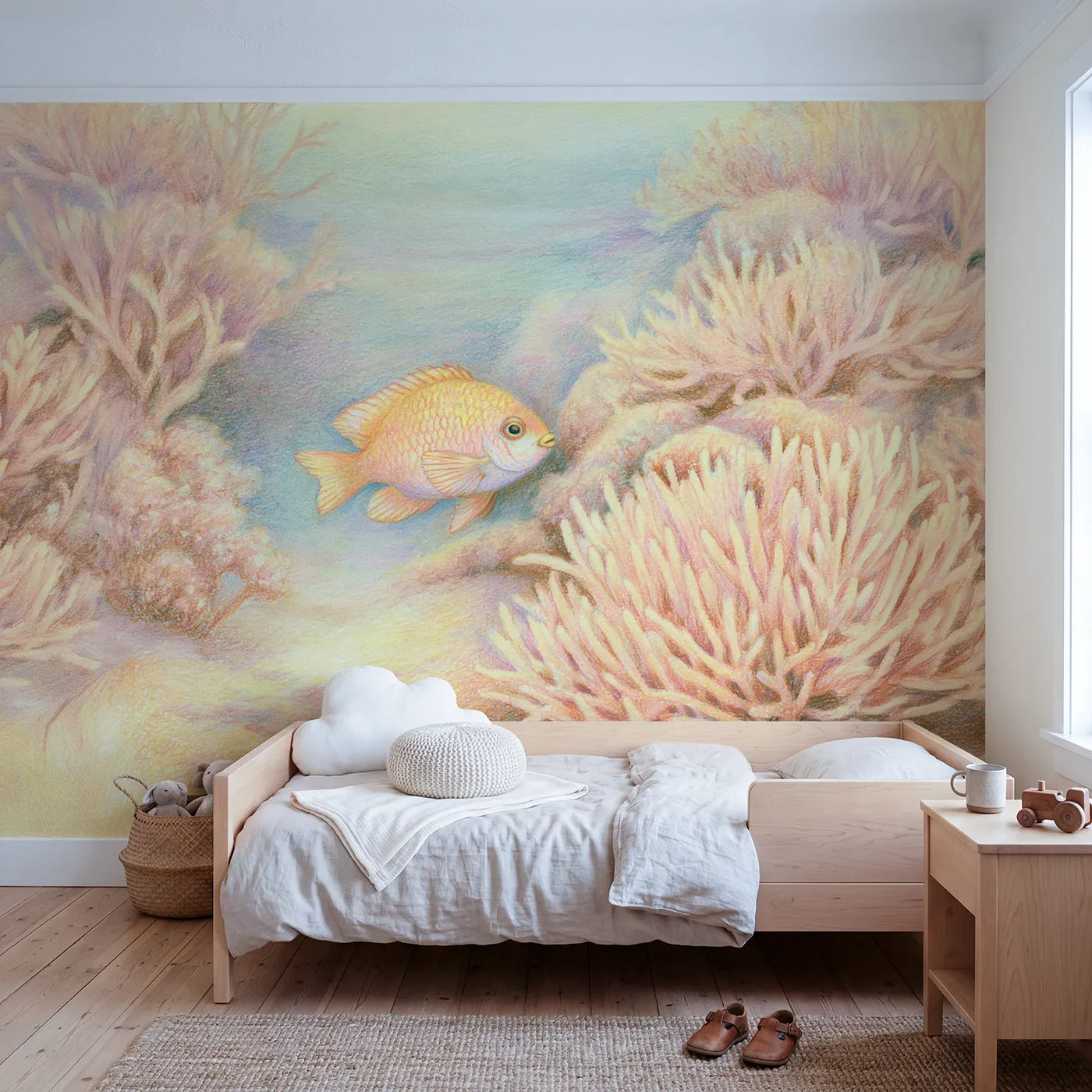 Colored-pencil wall mural of a little damselfish by Whimsy Tots