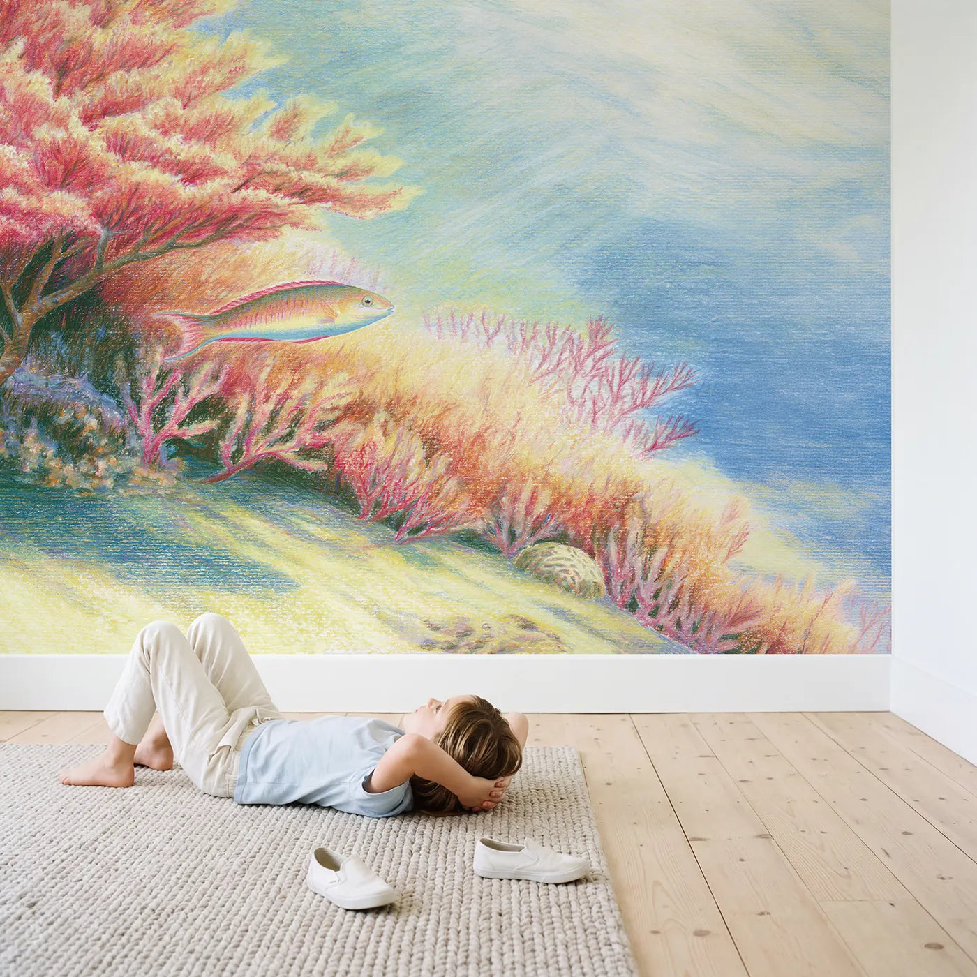 Child in nursery with Gentle Wrasse Wallpaper Mural by Whimsy Tots