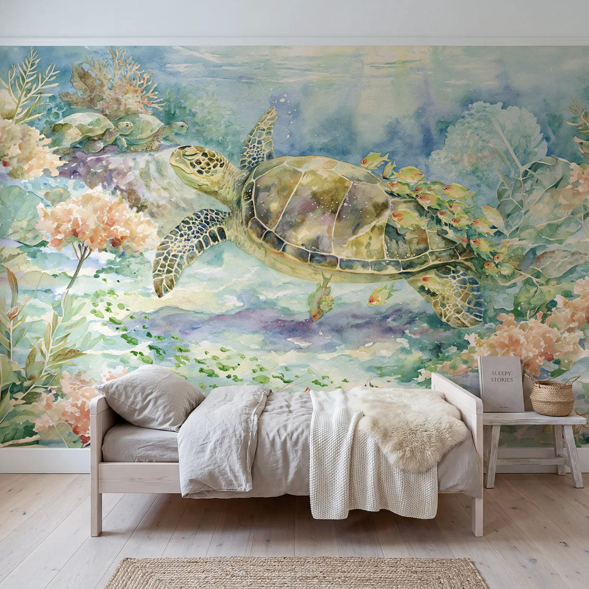 Watercolor reef fish cleaning a sea turtle shell, wall mural for a toddler room by Whimsy Tots