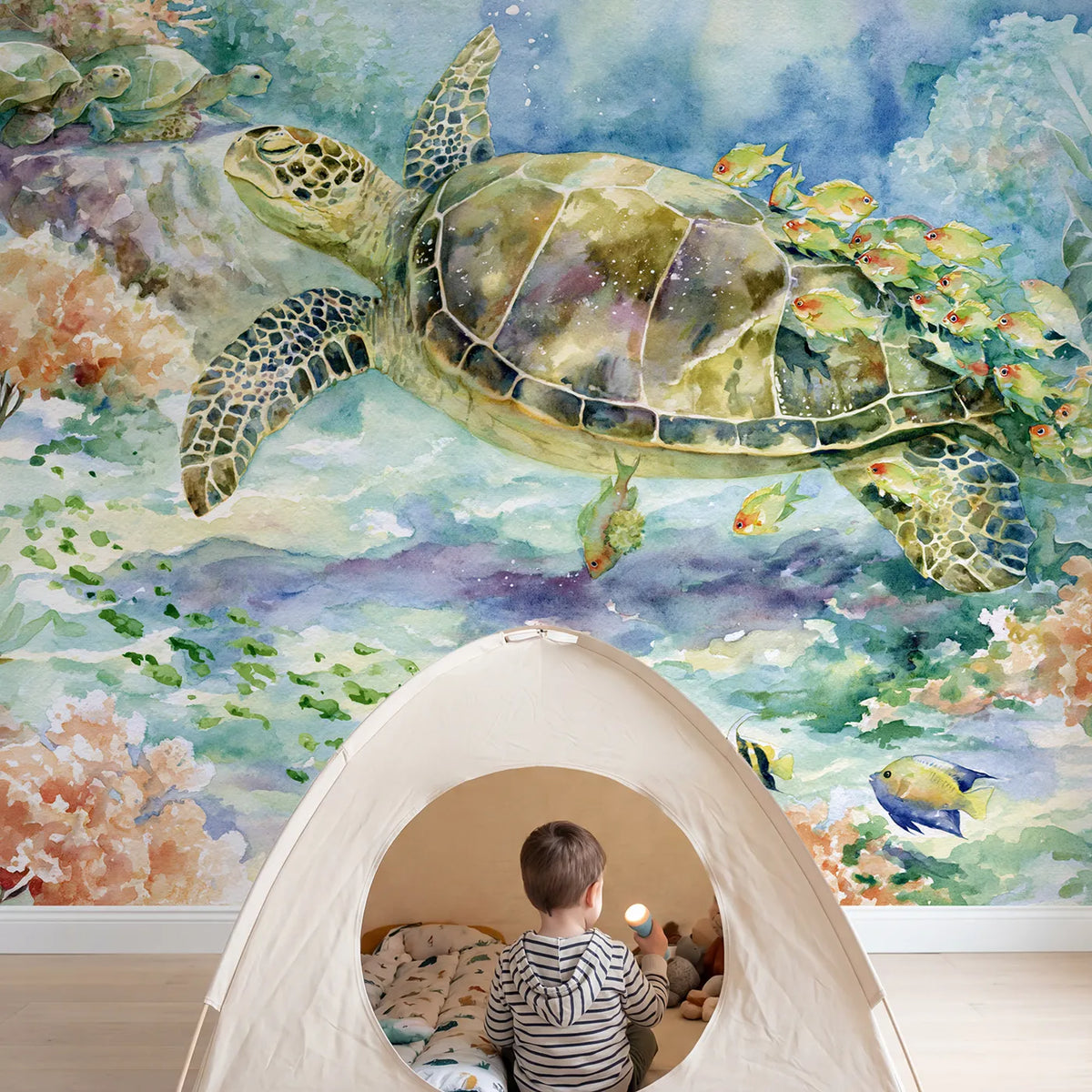 Child in nursery with The Turtle Shell Wash Wallpaper Mural by Whimsy Tots